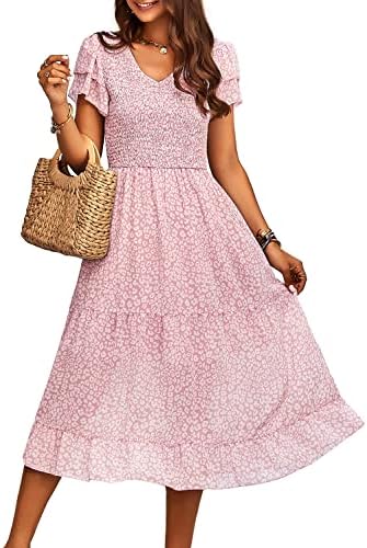 Theenkoln Women's Boho Ruffle Sleeve V Neck Leopard Print Ruffle Tiered Maxi Dress Tie Waist Chiffon Flowy Long Dress Pink Large