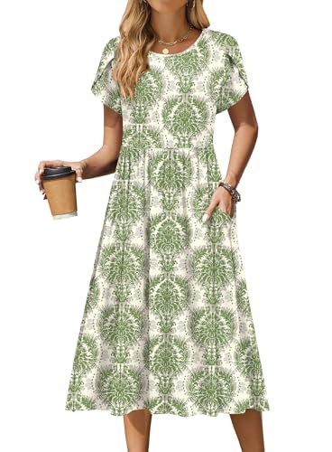 Image of Zeagoo Midi Length Dress for Women Summer Casual Floral Dress with Pockets Aline Flowy Dress Modest Trendy Vocation Outfit Hawaiian Dress Loose Tshirt Dress with Pockets,m