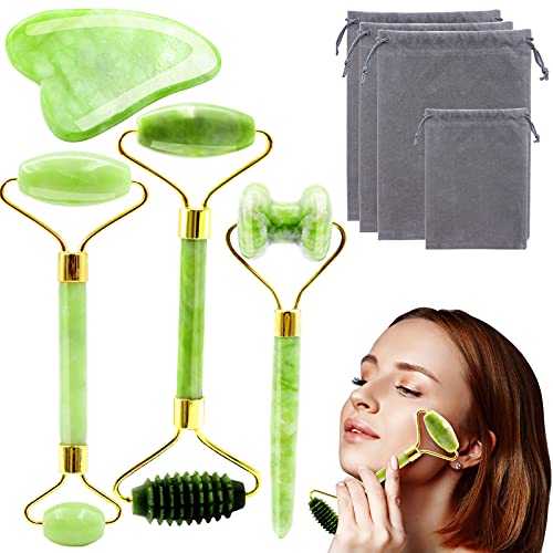 Jade Roller & Gua Sha Set, 4 in 1 Gua Sha Facial Massage Tool Bea...