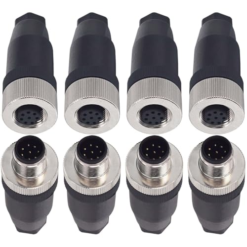 hiSpkNix M12 8-Pin A-Code Straight Connector Set (8PCS) - IP67 Waterproof, 12mm Thread, 4 Male & 4 Female Industrial Connectors