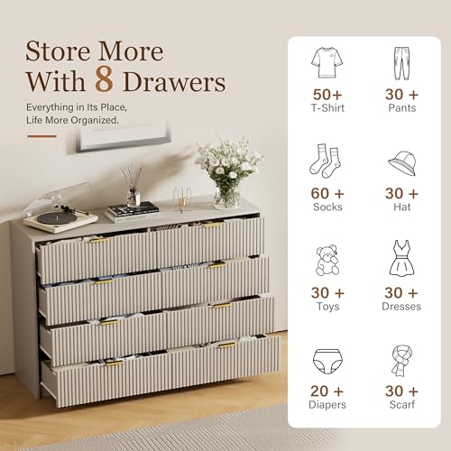 Image of Furniway Beige Dresser for Bedroom, Modern Dresser with 8 Drawers and Smooth Slides, Wide Chest of Drawers with Golden Handles for Bedroom, Closet, 15.7 inch D x 55 inch W x 37.4 inch H