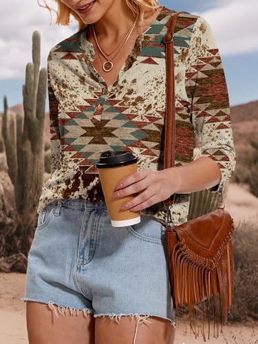 Binshre Womens Western Tops 3/4 Length Sleeve Shirts V Neck Graphic Shirts for Women Casual Tunic Blouses Cactus Desert Tees4