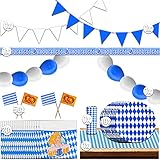 In unserem Oktoberfest Deko Set enthalten sind 1x Tischdecke bayrische Raute weiß-blau (Länge = 6m Länge), 1x Wimpelkette/ Banner (Länge = 10m Länge), 1x Wimpelkette/ Banner (Länge = 10m Länge), 10x Pappteller, 1x Absperrband (Länge = 15m Länge), 20x Servietten, 1x Luftballon-Kette /Girlande (Länge = 8m Länge), 1x Luftschlange blau/ weiß und 50x Fahnenpieker