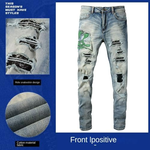 Jeans Pants Trousers Denim Men Street Trendy Stretch Tight Slim Fit Personalized Embroidered Snake Pattern Washed Blue Hole Patch Casual Small Foot(Light Blue,29)4