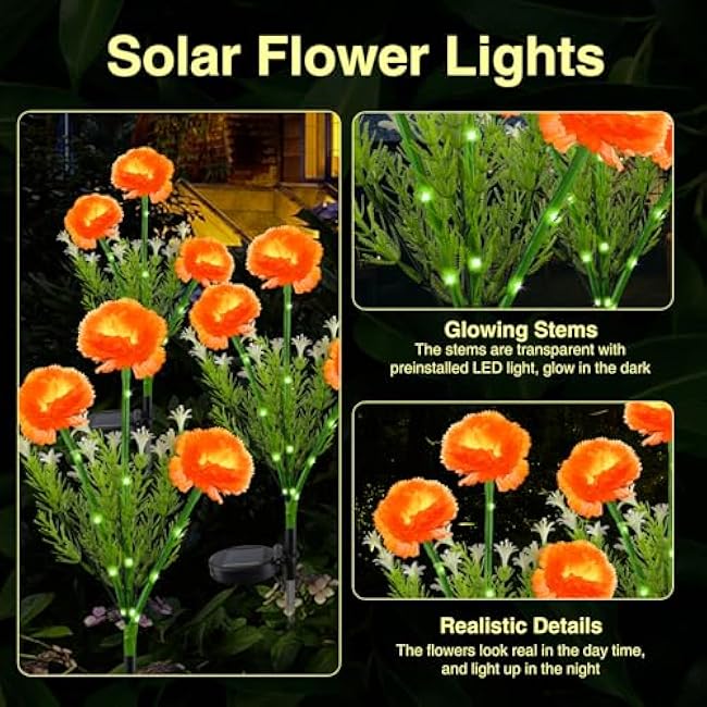 Halloween Decorations Solar Marigold Garden Lights Outdoor,2PACKS Artificial Marigold Flowers for Halloween Party Gifts Decor,Solar Flowers Path Lights for Lawn/Grave/Creepy Decor