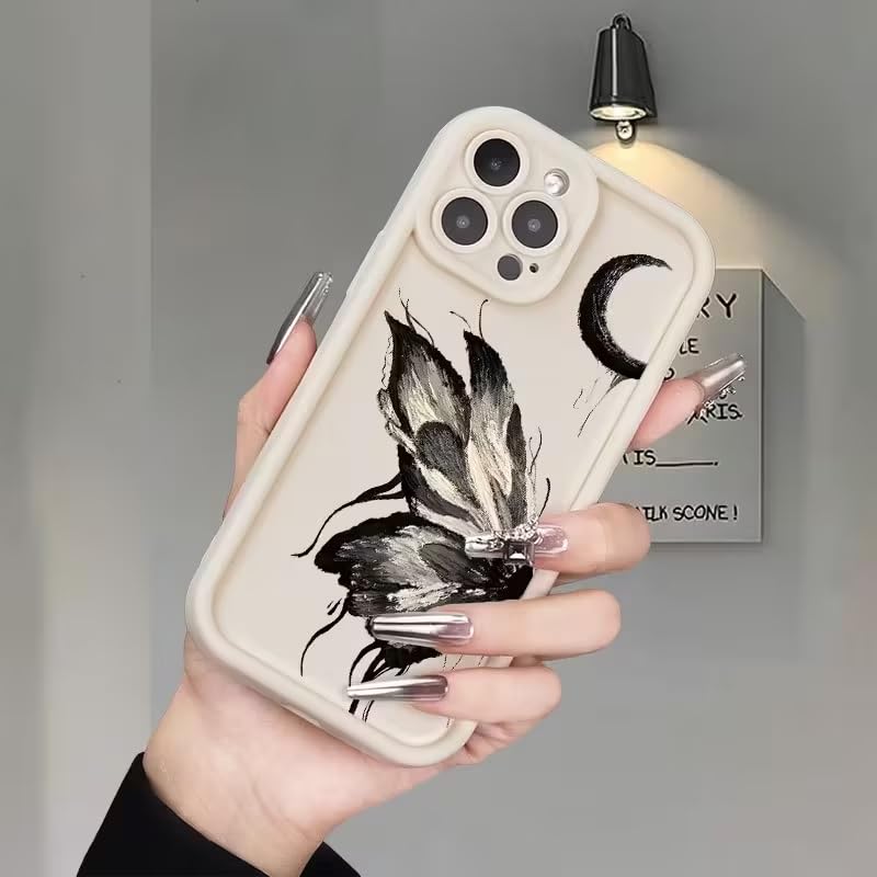 Image of COVERLY Grunge Butterfly Back Case Cover for iPhone 12 Pro | Hot 3D Monochrome Moon Cute Design | Camera Lens Protection | Soft TPU Silicone Aesthetic Print Cover for Girls & Women (Beige, Shockproof)