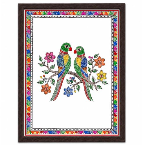 Image of PAPER PAJAMA Madhubani Love Birds Wall Art for Living Room | Parrot Couple Folk Art Painting | Traditional Mithila Framed Decor for Home, Bedroom & Office (10x13 Inches)