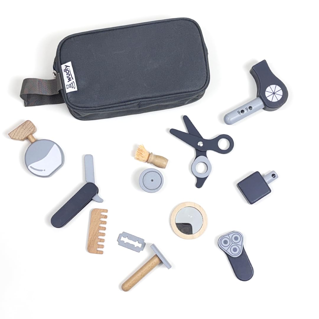 Wudly® Wooden Barber Shaving Kit Toy for Kids | Pretend Play Salon & Grooming Set with Scissors, Razor, Comb, Hair Dryer & Bag | Montessori Role Play Educational Toy for Boys & Girls (3+ Years) 1