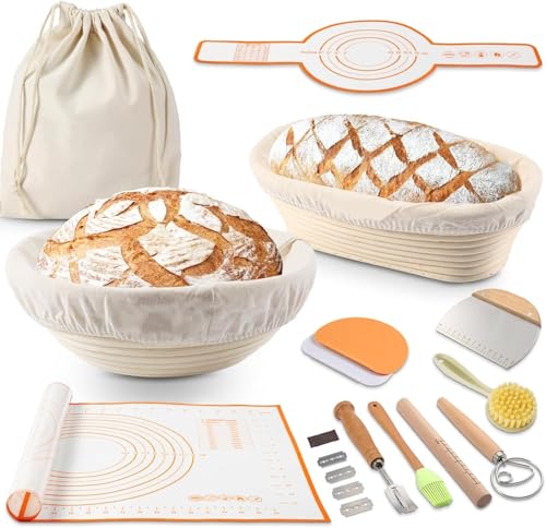 NIUB Sourdough Bread Baking Supplies 9 Round & 10 Oval Sourdough Starter Kit Sourdough Bread Baking Supplies Bread Making Tools Natural Rattan Proofing Bowls Baskets (B)