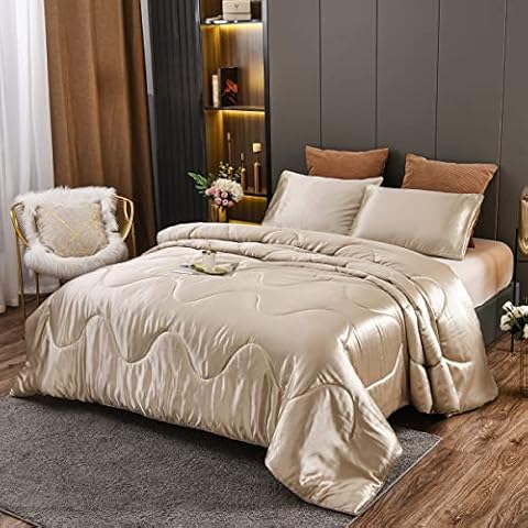 NTBED Silky Satin Comforter Set Queen Champagne, Soft Lightweight Microfiber Luxury Sexy Quilted Bedding Sets with 2 Matching Pillow Covers for Summer Spring Autumn Cover