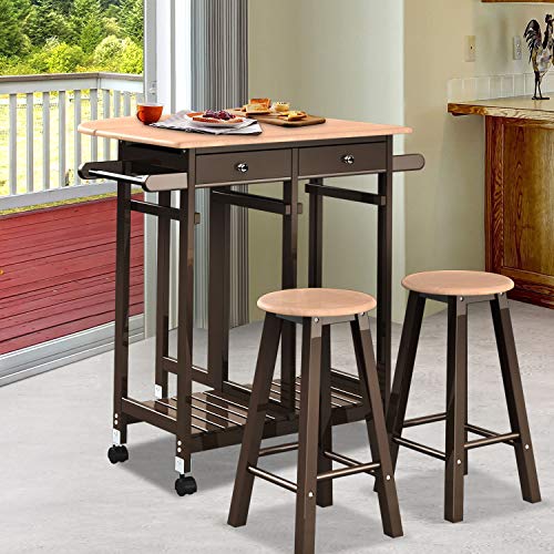 WATERJOY Removable Dining Table, 1 Kitchen Cart and 2 Stools Dining Car Table, Casual Home Foldable Tabletop Breakfast Cart Table Set,Dining Countertop Table with Storage Drawer Brown