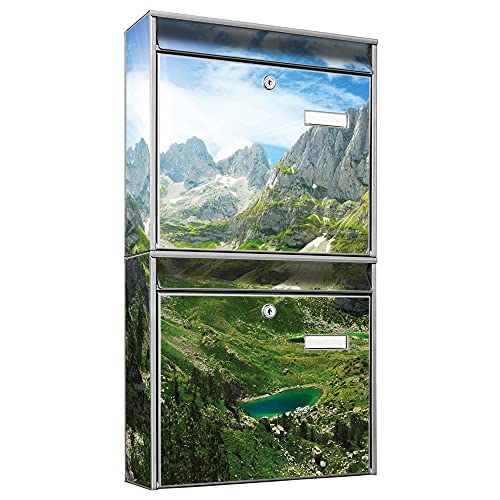 banjado Briefkastenanlage 2 Fach - 2 Briefkästen 36x64x10cm groß - Doppelbriefkasten Set - Namensschild, 2 Schlüssel, Montagematerial - Stahl verzinkt Silber - Motiv Bergsee Alpen