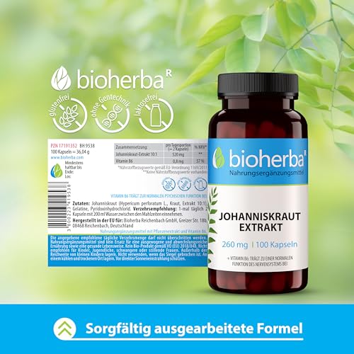 Johanniskraut Kapseln – 200 Stück mit 260 mg pflanzlicher Komplex mit Vitamin B6 von BIOHERBA PZN 17191352