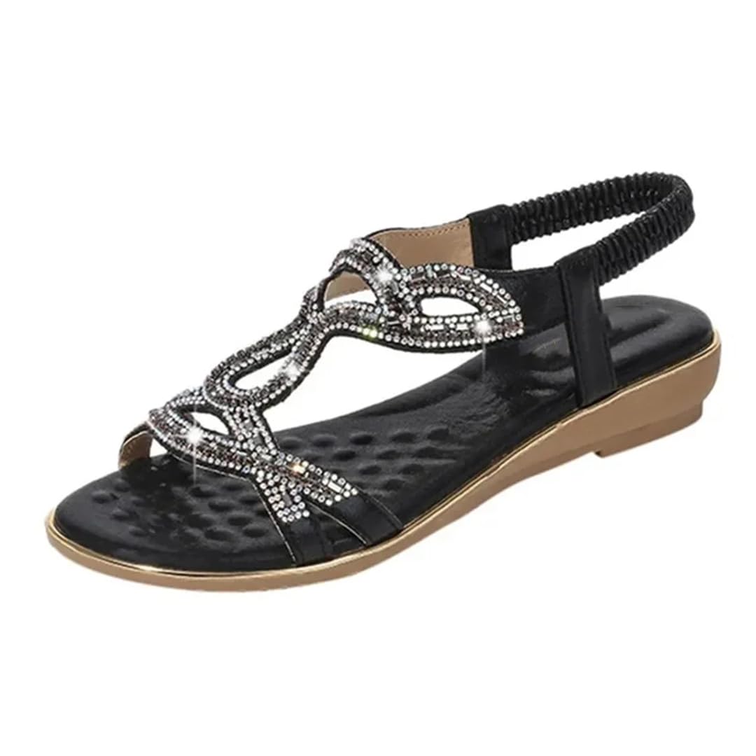 Sandalias básicas de poliuretano con diamantes de imitación para mujer, con banda elástica frontal y correa trasera, tacón de cuña, parte superior de poliuretano, sandalias de verano bohemias