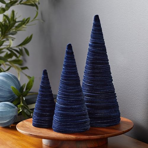 Image of Navy Velvet Trees Set of 3, Elegant Mantel Decor, Handcrafted Holiday Entryway, Minimalist Gift for, Valentine Tabletop, Winter Decor (Navy)