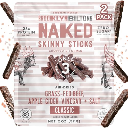 Brooklyn Biltong Skinny Sticks (Classic, 2 oz, Pack of 2) – Grass Fed Beef Protein Snacks, 14g Grass Fed Protein, Beef Jerky Alternative – Sugar Free, Gluten Free, Paleo, Whole 30, and Keto Snacks