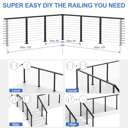 Image of 36 inch Stainless Steel Corner Cable Railing Post 2 Pack, Black Top Mount Corner Line Post with Grommets for Deck Railing Systems, Indoor & Outdoor Use, MY08-C