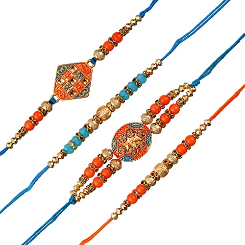 Image of eCraftIndia Set of 4 Blue & Orange Kundan Pearl Designer Rakhis, Best Bro Ever Fridge Magnet with Roli Chawal Pack - Rakhis for Brother