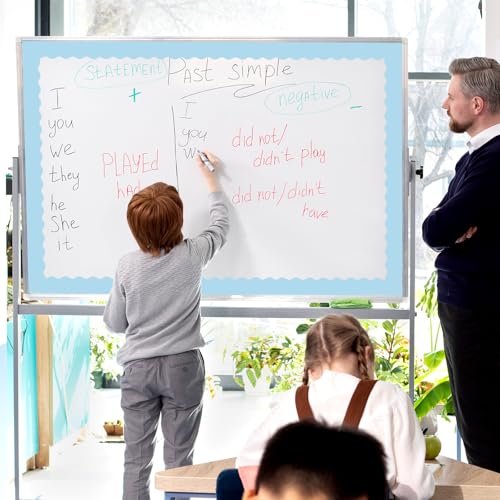 Image of Whaline 65.6 Ft Summer Baby Blue Scalloped Bulletin Board Borders 4 Rolls Gradient Blue Die-Cut Board Trim for Back to School Classroom Office Chalkboard