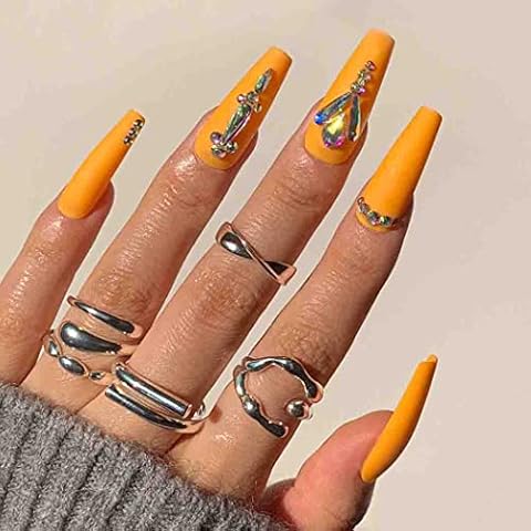 Outyua 3D Rhinstone Designer Press on Nails with Designs Yellow Shimmer Coffin Extra Long Fake Nails Ballerina Pink Super Long False Nails Acrylic Full Cover Artificial Nail for Women and Girls 24pcs (Crown) Cover