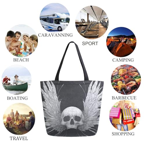 Cool Skull Wtih Wing Black Extra Large Canvas Gym Shoulder Tote,Durable Reusable Daily Top Handle Bag for Mens Womens Yoga Weekender Picnic Beach Travel Market Shopping2