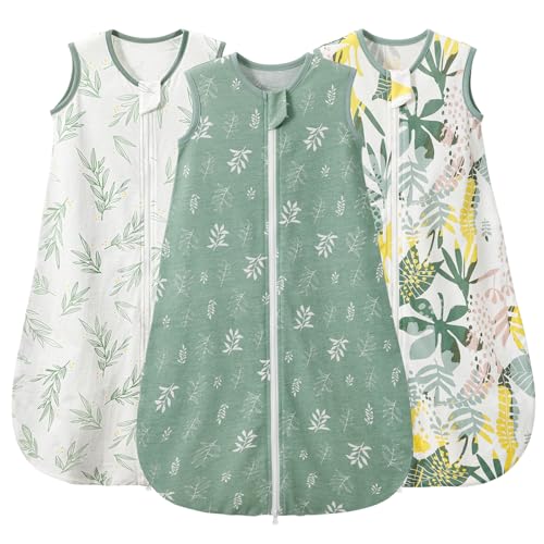 Image of Duomiaomiao 3-Pack Baby Sleep Bag, 100% Organic Cotton Lightweight Wearable Blanket, Breathable Comfy Toddler Sleeping Sack (0.5tog Green Leaves, Small)