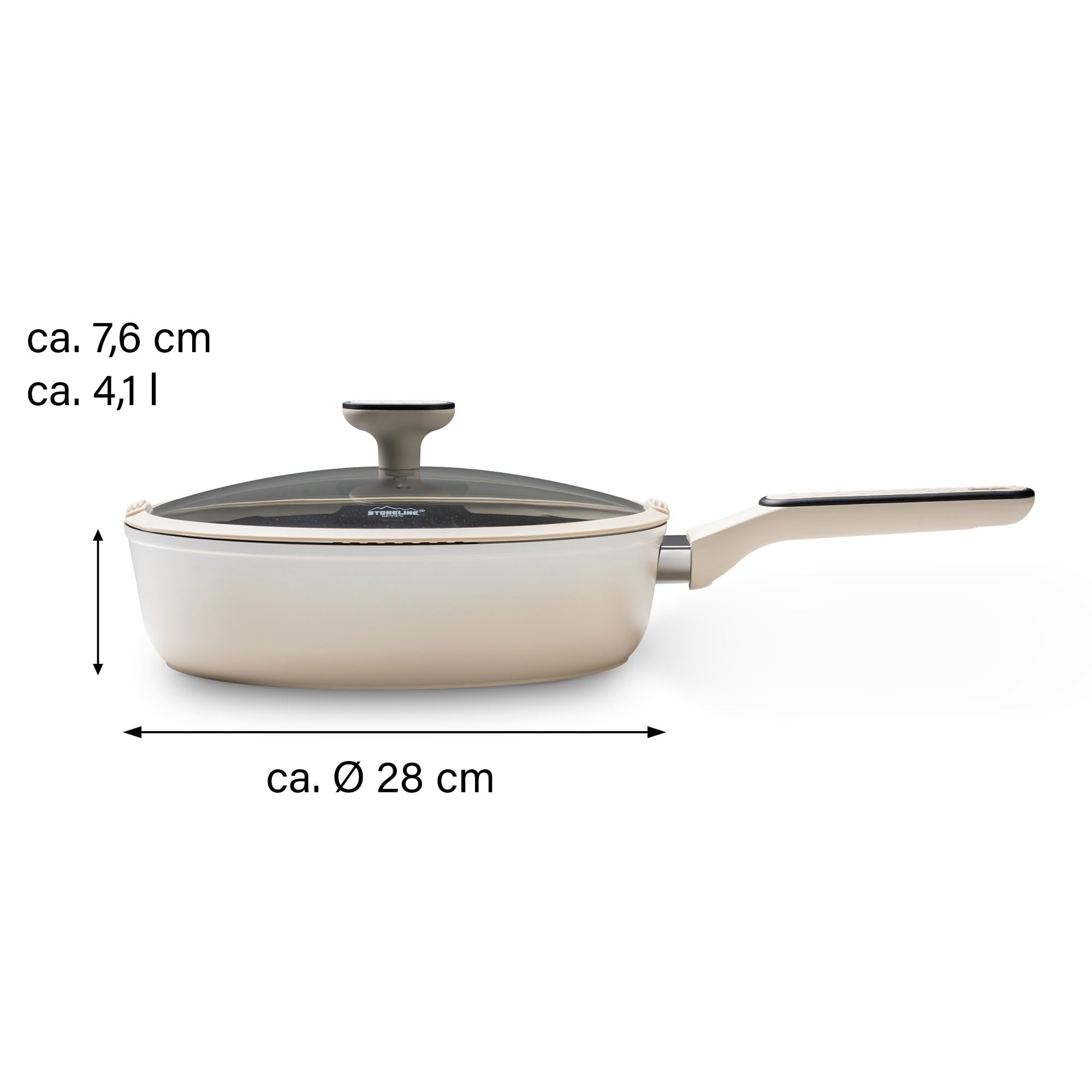 STONELINE Padella Alta 28 cm Con Coperchio, Antiaderente, Grande a Bordi Alti, Rivestimento Con Vere Particelle di Pietra, a Induzione, Tutti i Piani Cottura, Colore Crema