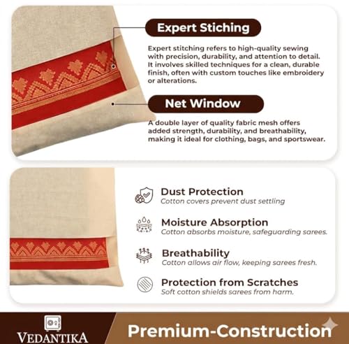 Image of VEDANTIKA Cotton Saree Covers for Storage Pack of 6 Big Size 16x14 Inch Saree Bags with Zip Transparent Mesh Window Saree Organizer for Wardrobe Clothes Storage Bags - Beige