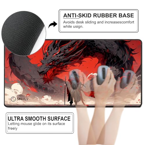 Image of Dragon Warrior Gaming Mouse Pad, Large Desk Mat 58.5 x 28 cm, Extended Washable Mousepad, Desk Pad, 2mm Thick Non-Slip Rubber Base, Stitched Edges, Smooth Surface (Red /Black)