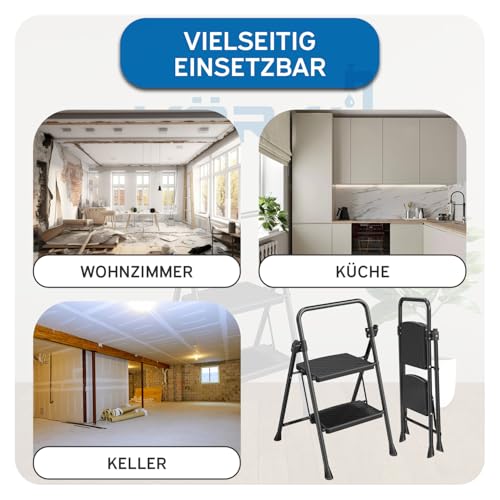 kör4u Trittleiter 2 Stufen - 150 kg belastbar - Standhöhe ca. 45 cm, klappbar, rutschfeste Stufen, Stahlrahmen, Haushaltsleiter, schwarz