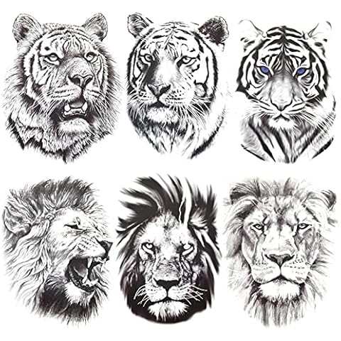 6 Sheets Lion Tiger Temporary Tattoo Stickers, Lion Tiger Face Fake Tattoo Stickers, Black Sketch Realistic Lion Tiger Totem For Men Women Cover