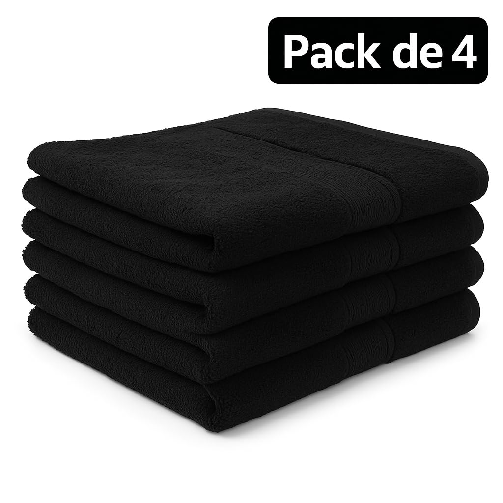 Toallas Peluquería Negras 50x90 cm – Pack de 4 – 100% Algodón 400 gsm – Alta Absorción – Uso Profesional Barbería y Salón de Belleza