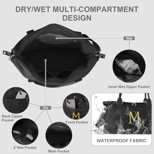 Personalized Initial Gym Dance Bag, Travel Duffel Bag for Teen Girls, Carry On Bag Overnight Weekender Bag with Trolley Sleeve, Birthday Gifts for Women Mom Daughter Graduation Gift(Letter M, Black)4