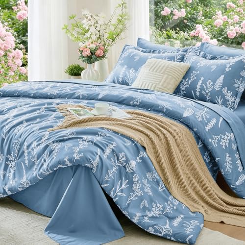 Image of MUXHOMO Ice Blue Full Comforter Set, Elegant Floral Print Bed in a Bag 7 Pieces, Ultra Soft & Breathable Reversible Botanical Pattern Bedding Set with Comforter, Sheets, Pillowcases, and Shams