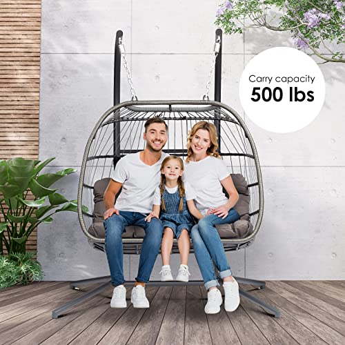 Double Egg Chair with Stand - 2 Person Hanging Egg Chair - Hand Made Rattan Wicker Egg Swing Chair Hammock Chair with UV Resistant Cushion & Aluminum Frame Indoor Outdoor (Dark Grey)