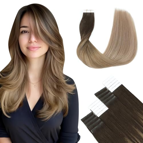 SURNEL Extensiones Adhesivas Pelo Natural Marrón Oscuro a Castaño y Rubio Sucio Resaltado 55cm 50g 20Piezas Extensiones Adhesivas Extensiones Pelo Remy Cabello Humano Natural（T#2/6/18-55cm）
