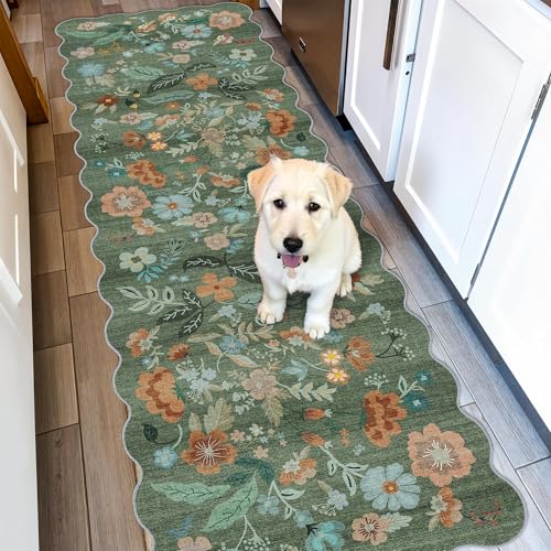 2x5 Washable Kitchen Area Rug: Floral Scalloped Entryway Runner Farmhouse Non-Slip Floor Carpet for Hallway Bathroom Soft Comfort Tile/Hardwood Floors Protection Mat Cute Home Decor(2x5, Floral/Green)