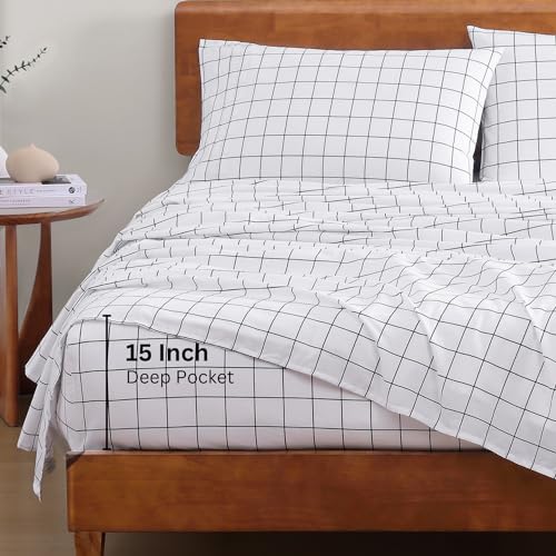 Image of LANE LINEN 100% Organic Cotton King Size Sheets Set, Soft Breathable Sheets Percale Weave, All Season Machine Washable Hotel-Quality Mercerized Fully Elasticized Printed King Sheet Set - Windowpane