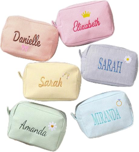 Personalized Cosmetic Bag with Name, Cute Custom Makeup Bags for Women Girls Seersucker Bridesmaid...