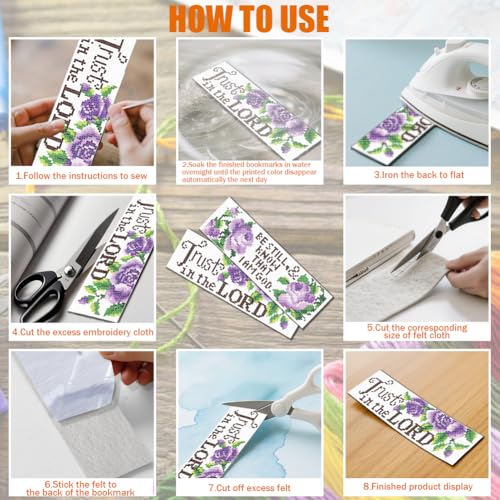 Image of FREEBLOSS 6 Set Cross Stitch Bookmark Kits Purple Rose Pattern Stamped Cross Stitch Kit 11CT Embroidery Kit with Instructions for Beginners 20x6cm /8x2.4inch