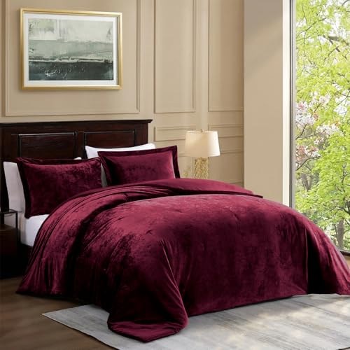 TAMGHO Queen Velvet Comforter Set, Maroon Burgundy Red Crushed Velvet Bedding, Ultra Soft Luxury Fluffy 3pc Set Includes 1 Comforter (92'x96') and 2 Pillow Shams (20'x26'+2')
