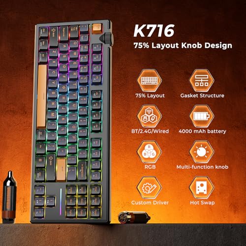 Image of Redragon K716 Wireless Mechanical Keyboard with Knob, Gasket Gaming Keyboard in TKL Layout, Hot swap Pre-Lubed Switches, RGB Backlight, for PC /Mac (Black)