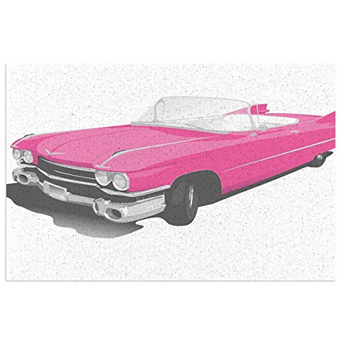 Pink Decor Classic Convertible Car On White Background Illustration Vintage Design Pink and White Mats Non Slip Rubber Mat Floor Mats Kitchen