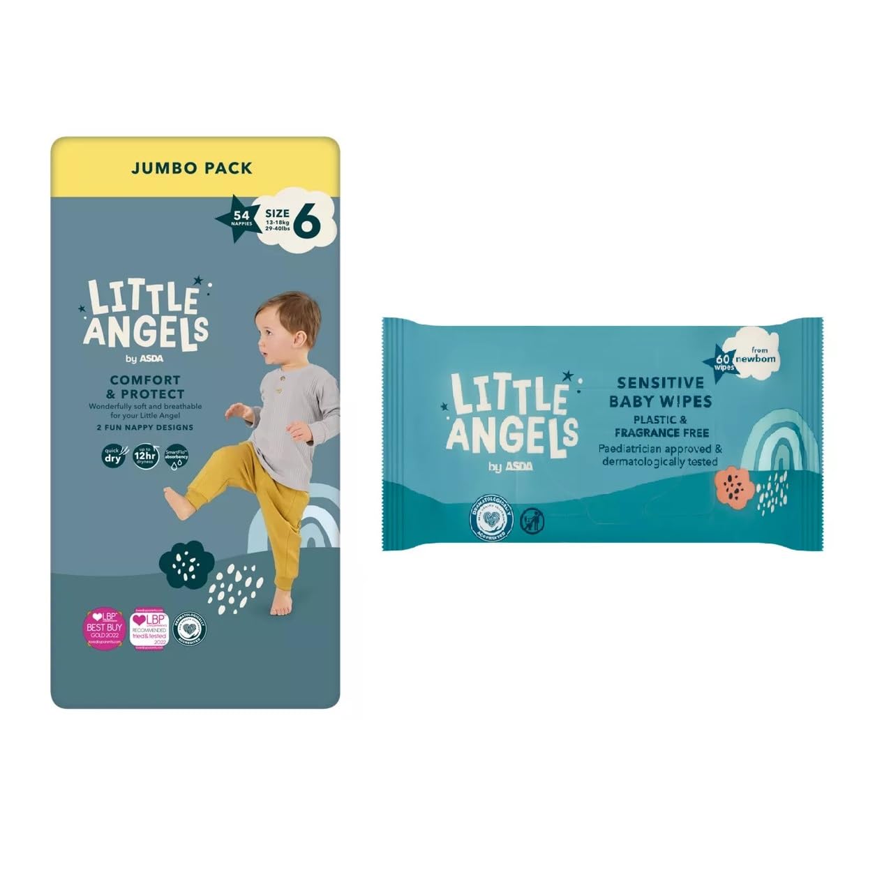 Little Angels Size 6 Nappies Jumbo 54 Pack + 60 Fragrance Free Baby Wipes