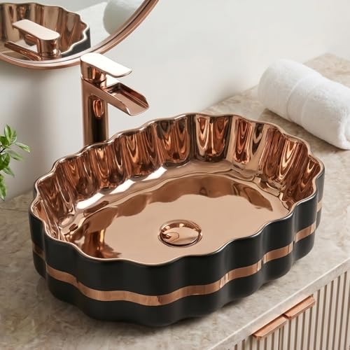 Image of BASSINO 20x15x6 Inches Ceramic Wash Basin Table Top /1 Year Warranty /Unique Countertop Basin for Bathroom /Above Counter Sink for Dining Hall /Living Room /Hotel /Office(Black & Rose Gold Finish)