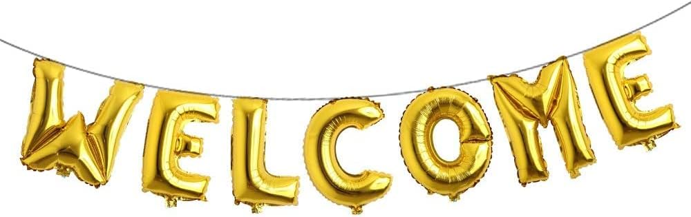 Welcome Balloon Banner | 16 Inch Foil Letter Balloon Sign for Anniversary Celebration, Back to School Reunion and Home Family Party Decorations Supplies (Gold)