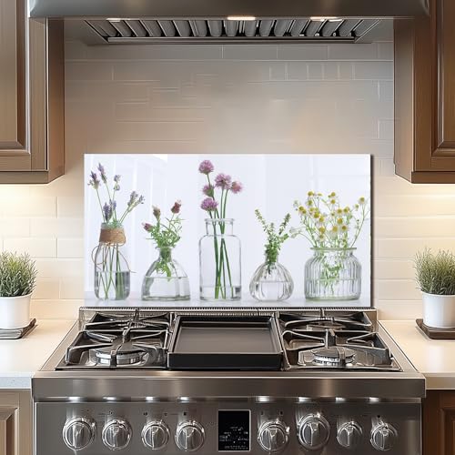 Tempered Glass Backsplash For Kitchen Behind Stove,Flower Bottle Stove Back Top Cover,Easy to Clean Glass Splashback, Sink Cover Splash Guard,Home Kitchen Wall Decor (30