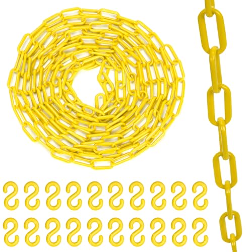 Swpeet Chain Link Fence, Plastic Chain Barrier for Crowd Control, Traffic, Queuing Line (Yellow) 21Pcs 5M x 6mm Plastic Chain Links with S Hooks Plastic Chain Barrera de Seguridad Cadena Cadena de