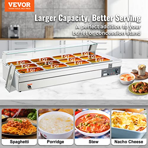 Image of VEVOR 12-Pan Commercial Food Warmer, 12 x 8QT Electric Steam Table with Tempered Glass Cover, 1800W Countertop Stainless Steel Buffet Bain Marie 86-185F Temp Control for Catering, Restaurant, Silver