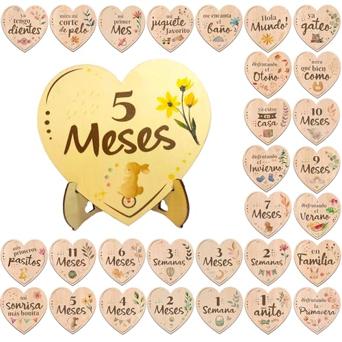 Set de regalo para recién nacido y cumple mes bebé. Tarjetas placas fichas de madera forma de corazón grabado doble cara. Regalo original mamá embarazada padres primerizos bebé niño y niña (Estandar)